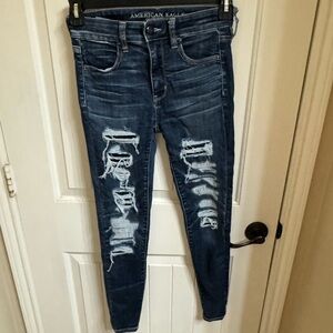 JEGGING | PATCHED RIPS | DARK BLUE | WORN | HIGH WAISTED